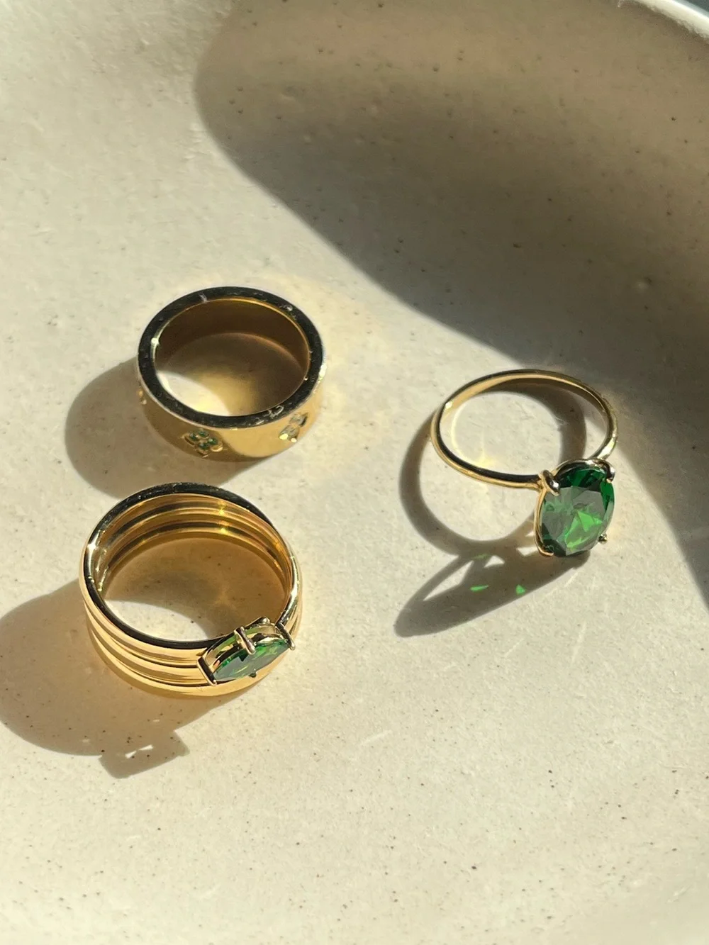 indigo lune gold plated/emerald ring bundle
